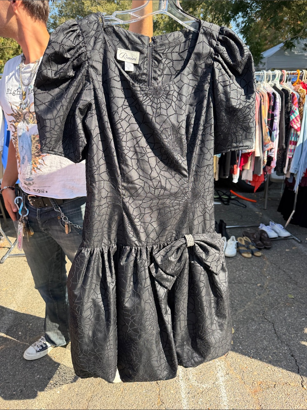 Vintage 80s Rimini Black Puff Sleeve Spider Web Party Dress Size 10 Made in US